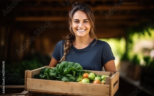 Happy female farmer holding...