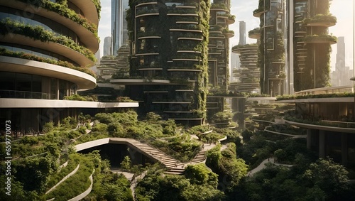 Eco futuristic city skyline . buildings with lot of greenery 