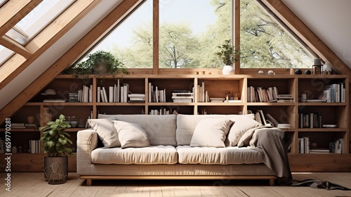 Corner sofa against shelving unit, scandinavian home interior design of modern living room in attic in farmhouse © LELISAT