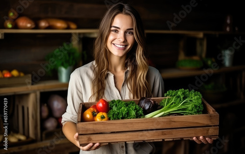 Happy female farmer holding...