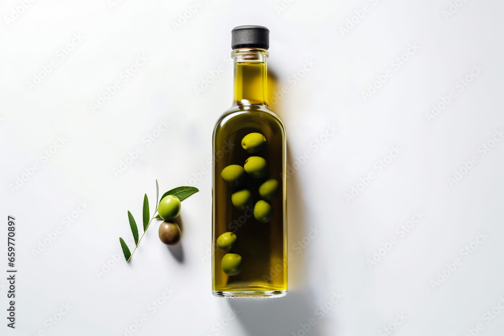 Olive oil glass bottle mock up. Top view of clear glass bottle with olive oil on white background with green olives and fresh green olive tree leaves. Copy space. Olive oil glass bottle mock up. Top view of clear glass bottle with olive oil on white background with green olives and fresh green olive tree leaves. Copy space.