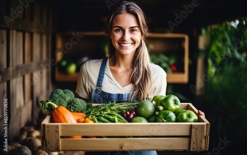 Happy female farmer holding...