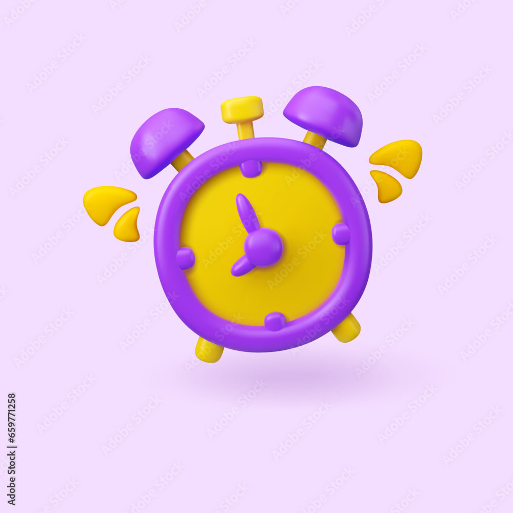 Vector 3d alarm clock ringing illustration. Purple and yellow cartoon watch isolated Vector 3d alarm clock ringing illustration. Purple and yellow cartoon watch isolated