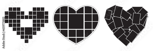 set of heart shape empty photo collage. vector mockup of mosaic photos template