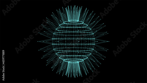 Abstract blue sphere with connecting dots and lines. Wireframe technology sphere with explosion effect. Big data visualization. Vector illustration.