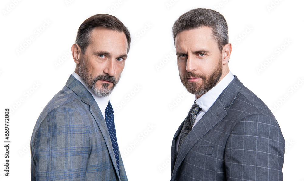 business coworkers isolated on white. two business man in formal suit. ambitious businessman support. business leader with manager. Leadership empowerment. successful businessman look at camera business coworkers isolated on white. two business man in formal suit. ambitious businessman support. business leader with manager. Leadership empowerment. successful businessman look at camera