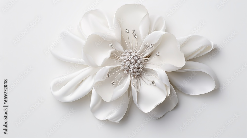 A white flower brooch with a pearl center on a white background. The brooch is made of white petals with a pearl center and silver beads. The petals are arranged in a circular fashion and have a - obrazy, fototapety, plakaty 