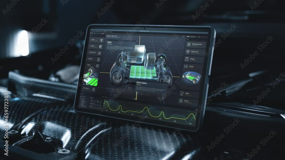 Digital tablet computer screen shows 3D visualization of real-time car diagnostics in professional software with 3D virtual electric vehicle prototype. Concept of modern car developing technology. Digital tablet computer screen shows 3D visualization of real-time car diagnostics in professional software with 3D virtual electric vehicle prototype. Concept of modern car developing technology.