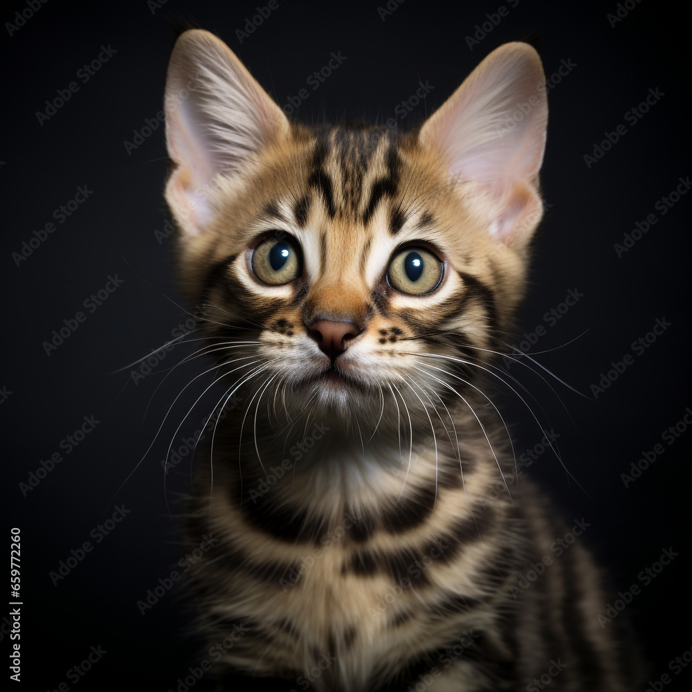 Close-up of an adorable, cute baby cat, a Bengal kitten on a black background	