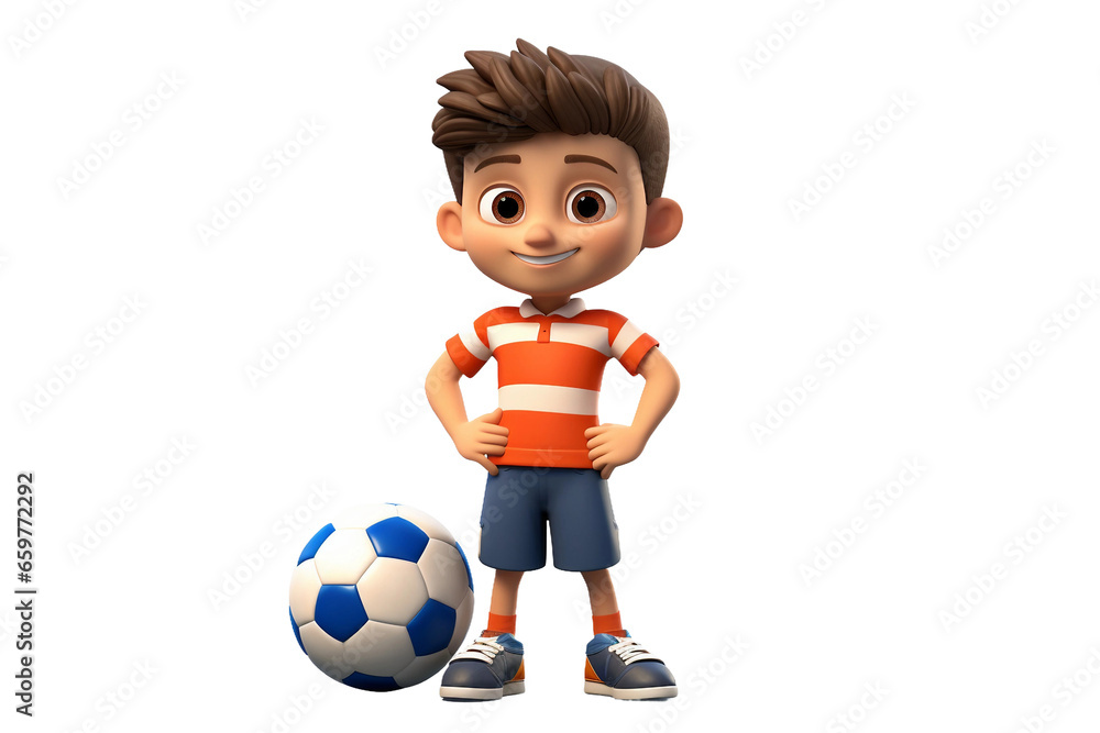 Young Male 3D Cartoon Character Enjoying Soccer Isolated on Transparent Background.