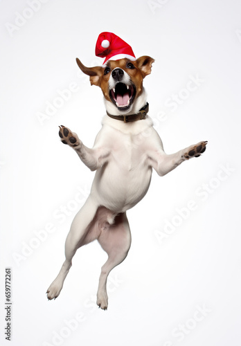 Cute Jack Russel Terrier dog wearing a Christmas hat, jumping up in the air, on a white background