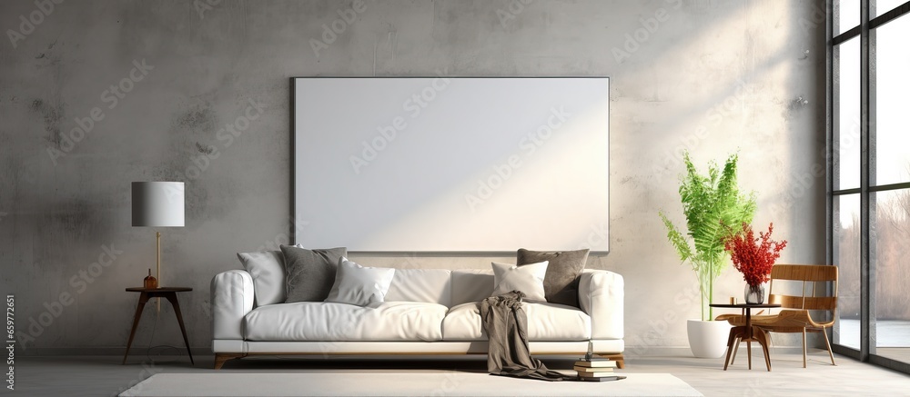 Illustration of contemporary apartment with empty frame in bright modern interior depicts Illustration of contemporary apartment with empty frame in bright modern interior depicts