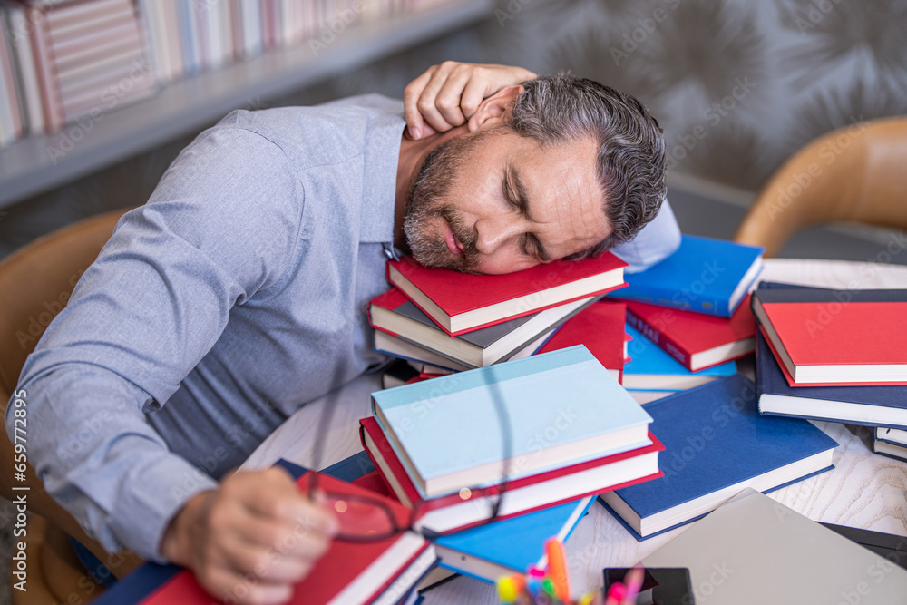 school professor with books. teachers day. school teacher improve education in library. knowledge day. teacher prepare for school exam. overworked professor at lesson. burnout and exhaustion