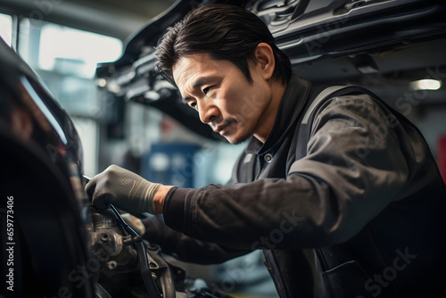 Man mechanic technician are concentrating on repairing vehicles in the workshop