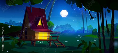 Night forest house cartoon vector landscape scene. Dark midnight countryside view above starry sky and full moon. Mystery park environment with light in hut window. Fantasy fairytale wallpaper