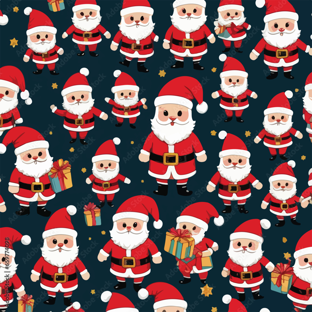 Cute Christmas Santa Claus and gifts repeating pattern cartoon in vector illustration. Santa's Workshop of Dreams