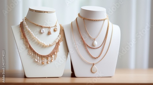 Two white necklace busts on a white background. The busts are wearing gold and pearl necklaces and earrings. The necklaces have different styles and layers. The background is white with a slight photo