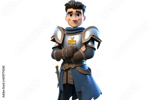 Medieval Knight: 3D Cartoon Male Character with Crossed Arms on Transparent Background.