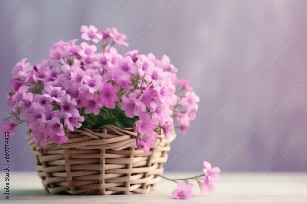 Beautiful bouquet in wicker basket on table