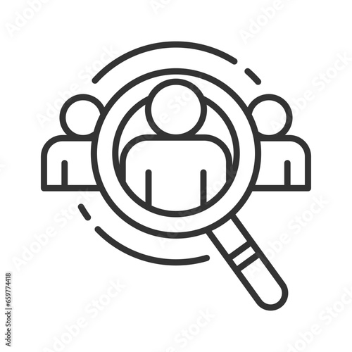 business icon with magnifying glass and three person