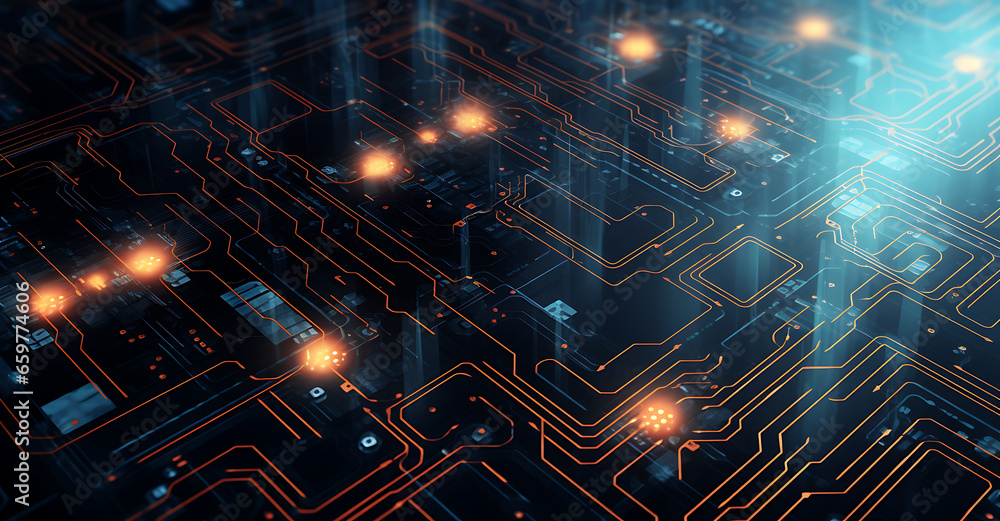 Obraz premium An abstract background featuring digital circuitry patterns and futuristic elements. This high-tech backdrop is a favorite for tech-related projects, conveying innovation and connectivity