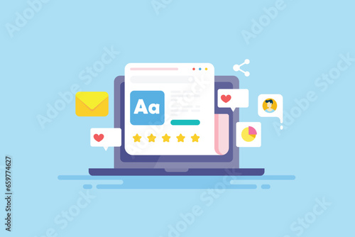 Content development, blogging and social media post engagement, high quality content rating, business communication concept, laptop pc screen internet vector illustration.