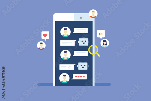 AI chatbot answering customer support query, artificial intelligence technology, chatbot app conversation with people on mobile screen, vector illustration web banner.