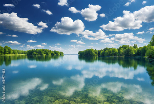 A scenic view of a beautiful lake with clear blue sky in summer season. Perfect photography for printing  background  wallpaper  wall art  poster  advertisement  other designs.