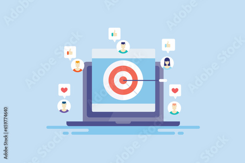 Internet business concept, targeting online audience with social media post marketing and sponsored content ads, vector illustration web banner.
