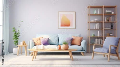 Light Blue Living Room with Pastel Colored Pillows: A Cozy and Serene Retreat © ParinApril