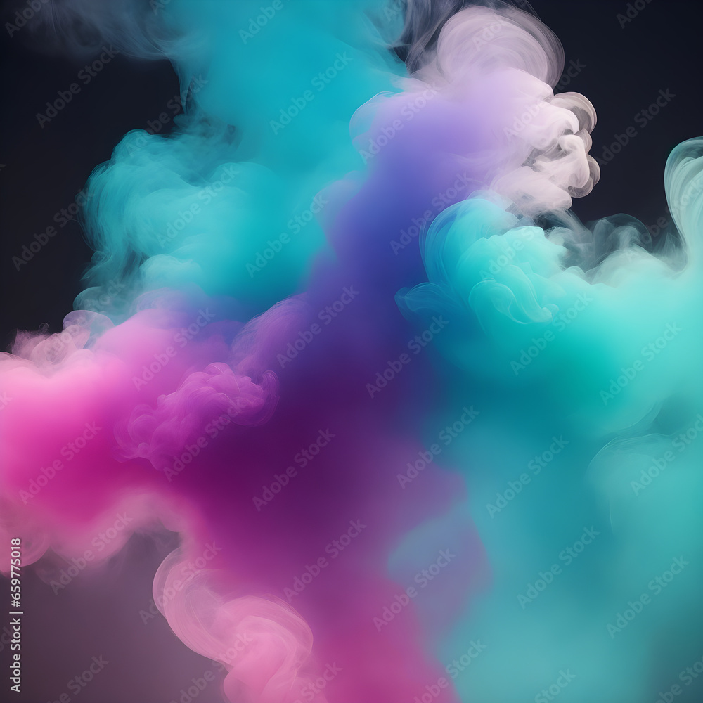 Fototapeta premium Color paint smoke splashes. Flows of magic dust with glitter particles and sparkles. Vector realistic set of flowing color clouds of fog or steam with shimmer isolated on black background