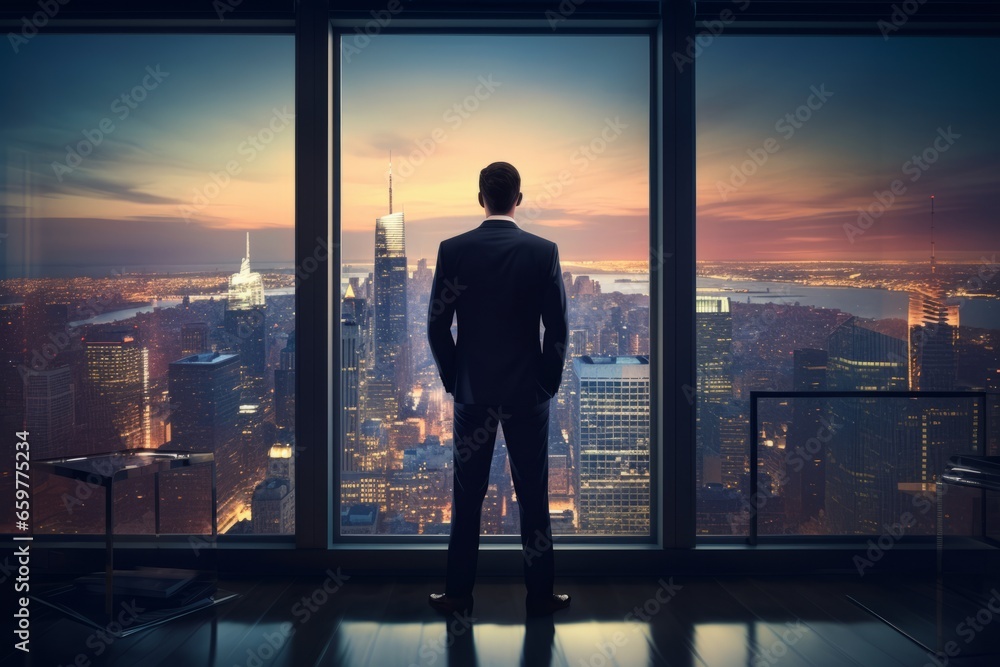 Fototapeta premium Businessman Contemplating Success: Cityscape View from Office Window