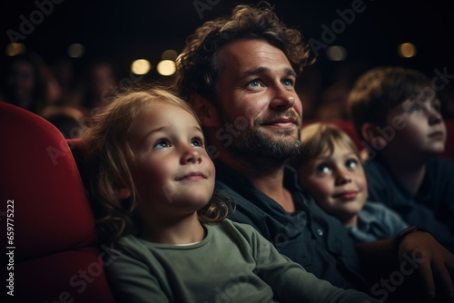 Family portrait of children with dad watching a movie in a large cinema hall. Entertainment industry