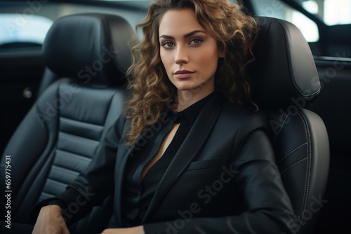 Female business portrait, confident arrogant Caucasian woman in a suit sitting in an expensive car © Sergio