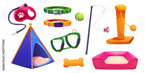 Pet shop goods isolated on white background. Vector cartoon illustration of color toys accessories for cats and dogs, walking leashes, wigwam house with bed, claw scratcher, ball for playing, training