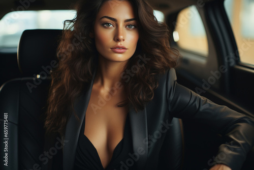 Escort, sexy adult woman in a suit sitting in a car and looking at camera