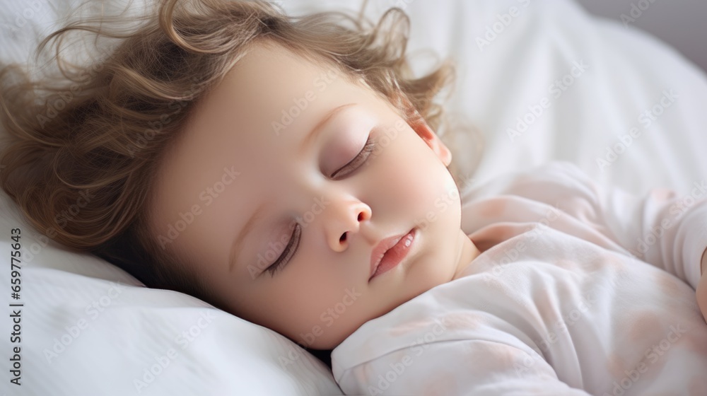 Cute little baby sleeping in bed at home, close-up portrait Cute little baby sleeping in bed at home, close-up portrait