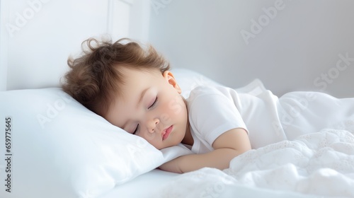 Cute little baby sleeping in bed at home, close-up portrait