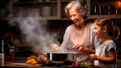 Cute little girl and her grandmother are cooking together in the kitchen.