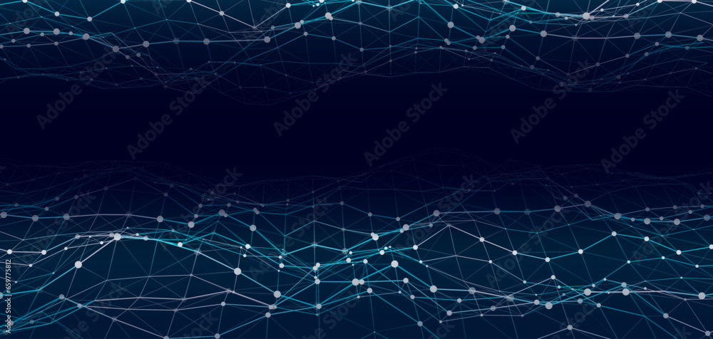 Fototapeta premium Double blue abstract technology wave with dots and lines. Flow of particles. Big data transfer visualization. Vector illustration.