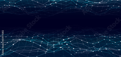 Double blue abstract technology wave with dots and lines. Flow of particles. Big data transfer visualization. Vector illustration. © ihor