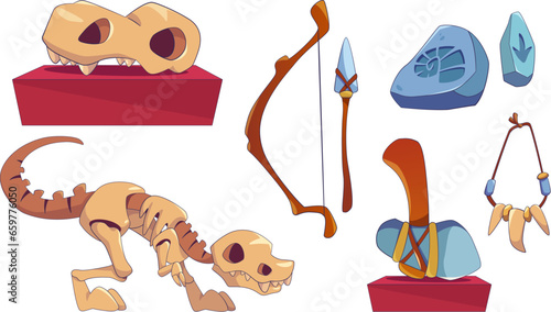 Archeology museum design elements set isolated on white background. Contemporary cartoon vector illustration of dinosaur skull and skeleton, stone age tools and weapon, amulet, fossil footprints