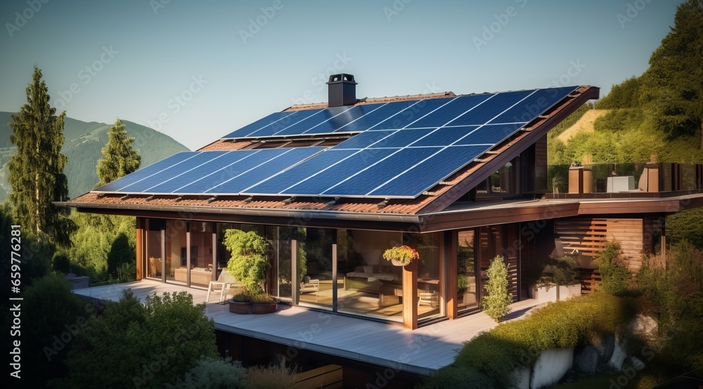 Eco-Friendly House with Solar Panels on the Roof, Blue Sky Background, Copy Space