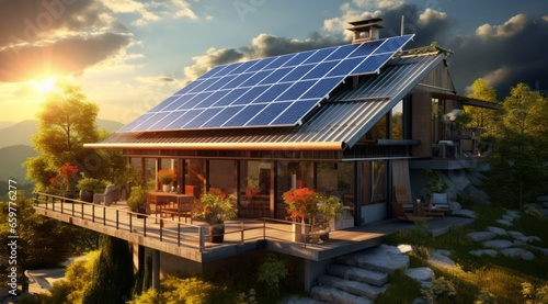 Eco-Friendly House with Solar Panels on the Roof, Blue Sky Background, Copy Space