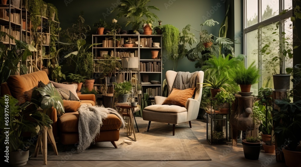 Lush Greenery and Cozy Living Room Furniture Collection: A Refreshing Blend of Nature and Comfort
