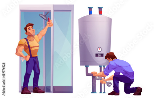 Professional plumbers in uniform provide installation or repair work. Male worker with wrench adjusts boiler, and second technician takes measurements in shower cabin. Maintenance and repair services