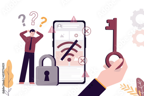 No internet connection, sad man cannot use wifi. User not have password from wi-fi. Giant hand of administrator holds key to wireless connection. Internet access control.
