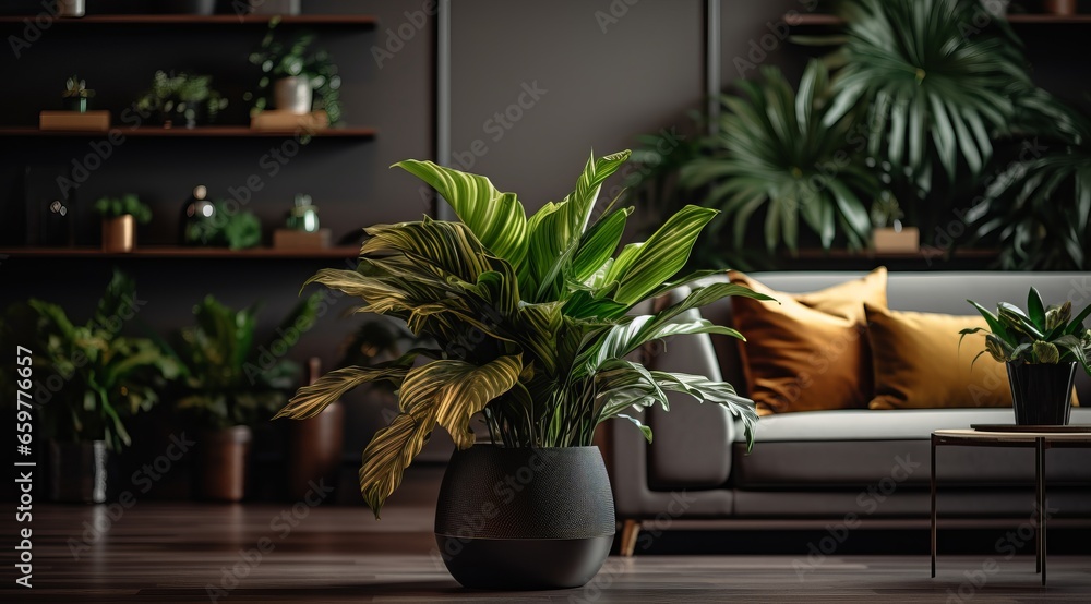 Cozy Living Room with Lush Green Plants on Wooden Table, Natural Decor, Copy Space