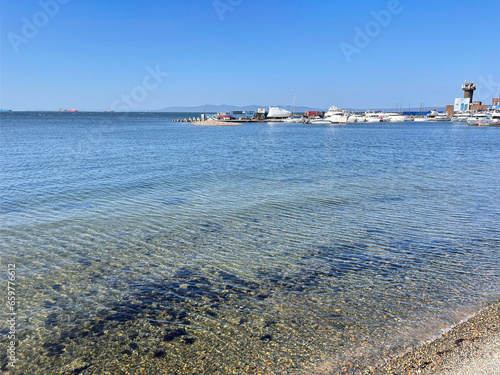 Vladivostok, Russia, October, 10, 2023. Russia, Vladivostok, the beach on the Sports promenade and the yacht club 