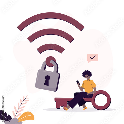 User woman connect to wifi, network with padlock, good encryption. wireless security or safety for internet, network protection or mobile access.